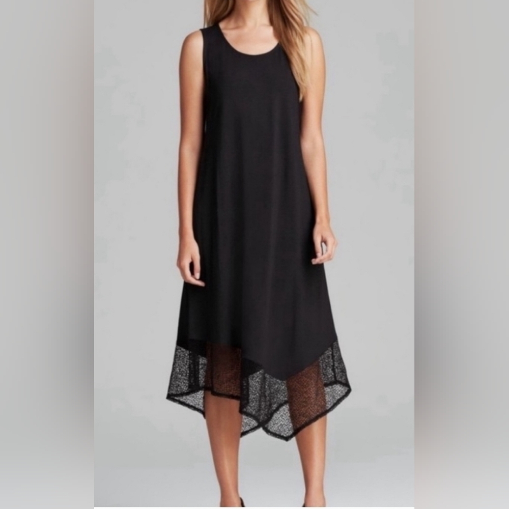 Eileen Fisher black jersey tank dress scoop neck lace hem petite sz SP